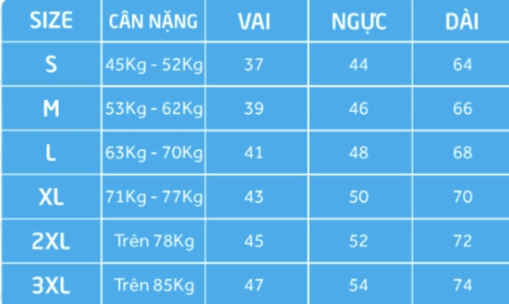 Bảng size áo đồng phục